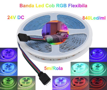 Banda Cob Led RGB 24V-10mm - 840led/ml, 16W/ml- Rol/5m - Frize