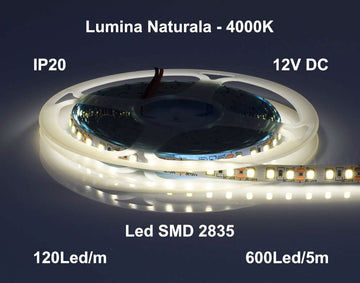 Banda Led 12V Interior IP20- 120led/m, Alb-Natural 4000K, Rola/5m - Frize