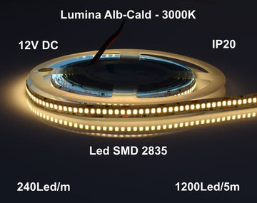 Banda Led 12V Interior IP20- 240led/m, Alb-Cald 3000K, Rola/5m - Frize