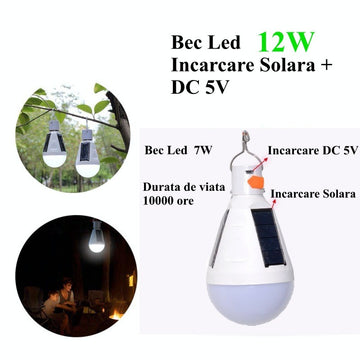 Bec Led 12W cu Incarcare Solara + DC 5V - Frize