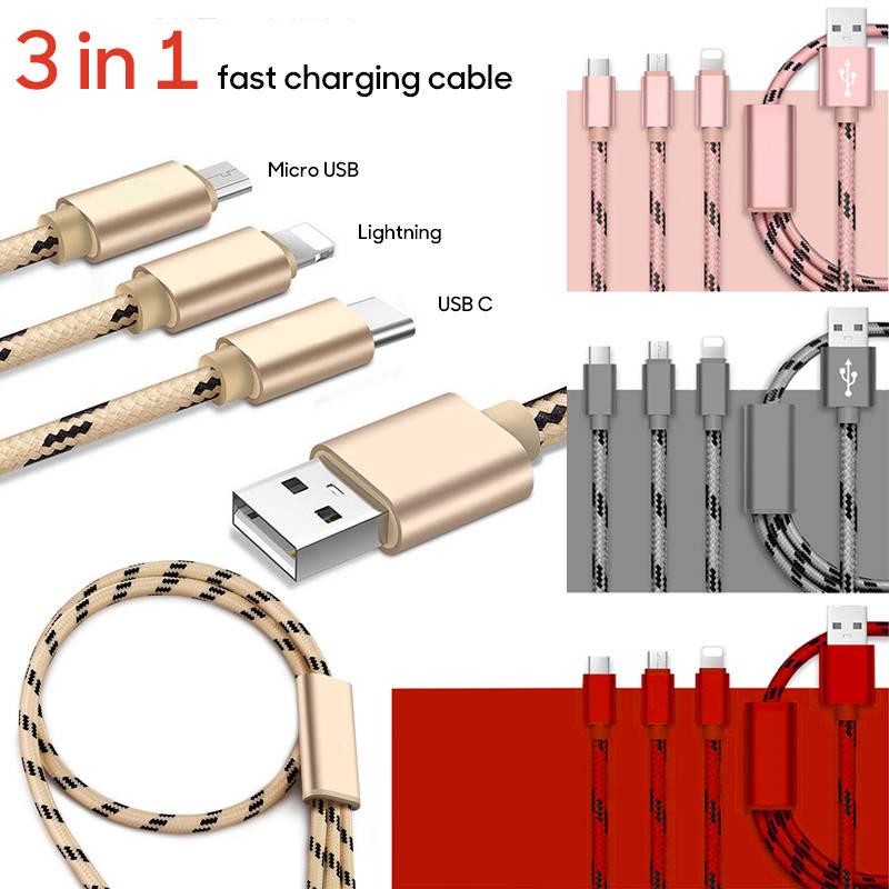 Cablu USB 3 in 1, Micro - Tip C - iPhone, Lungime 125 cm TRENQA - Frize