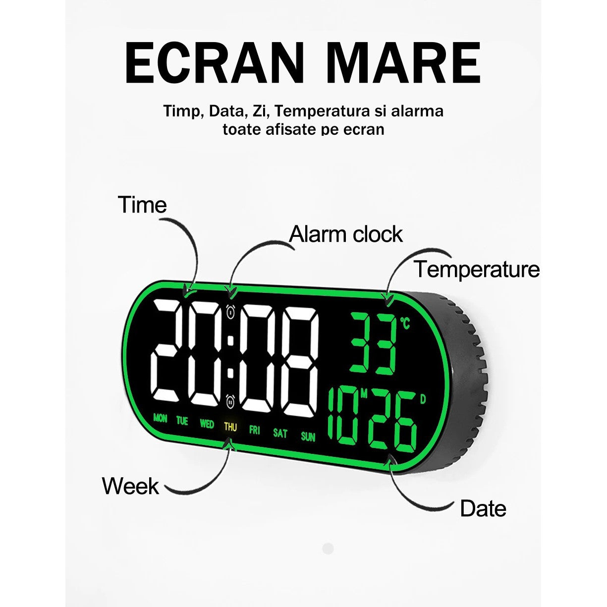 Ceas Digital de Masa si de Perete Oval cu Lumina Led Verde, Calendar, Cronometru, Temperatura, 2 Alarme, Termometru, Functie Snooze, 5 Trepte de Intensitate, Telecomanda, Afisare Umiditate, 38cm - Frize