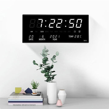 Ceas Digital de Perete cu Led Alb, Calendar, Temperatura, Alarma, Termometru, 36x15cm - Ceasuri Moderne