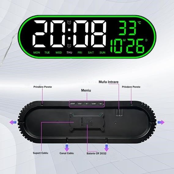 Ceas Digital de Masa si de Perete Oval cu Lumina Led Verde, Calendar, Cronometru, Temperatura, 2 Alarme, Termometru, Functie Snooze, 5 Trepte de Intensitate, Telecomanda, Afisare Umiditate, 38cm - Frize