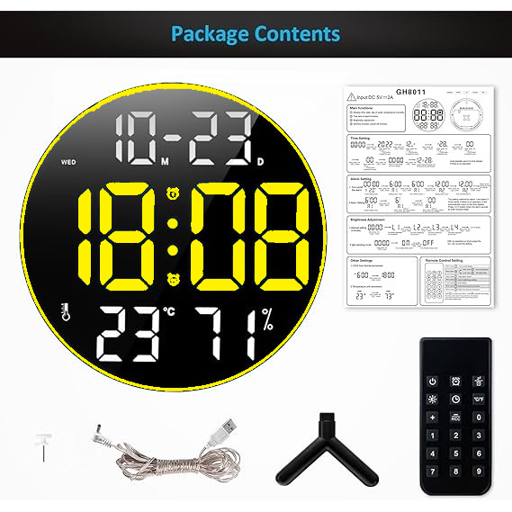 Ceas Digital de Masa si de Perete Rotund cu Lumina Led Galben, Calendar, Temperatura, 2 Alarme, Termometru, Functie Snooze, 5 Trepte de Intensitate, Telecomanda, Afisare Umiditate, 30cm - Frize