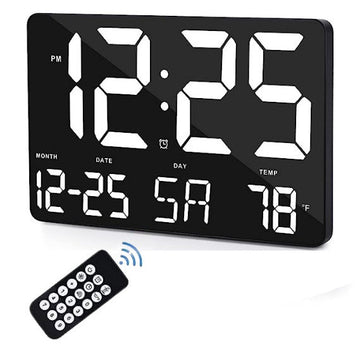 Ceas Digital de Masa si de Perete cu Lumina Led Alb, Calendar, Temperatura, Alarma, Termometru, Functie Snooze, Luminozitate Adjustabila, 25x16cm - Frize
