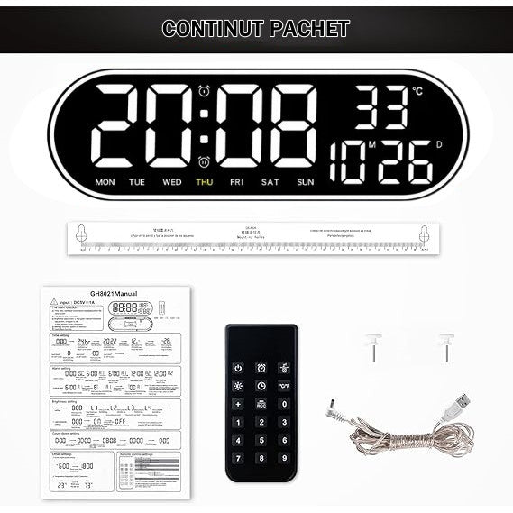 Ceas Digital de Masa si de Perete Oval cu Lumina Led Alb, Calendar, Cronometru, Temperatura, 2 Alarme, Termometru, Functie Snooze, 5 Trepte de Intensitate, Telecomanda, Afisare Umiditate, 38cm - Frize