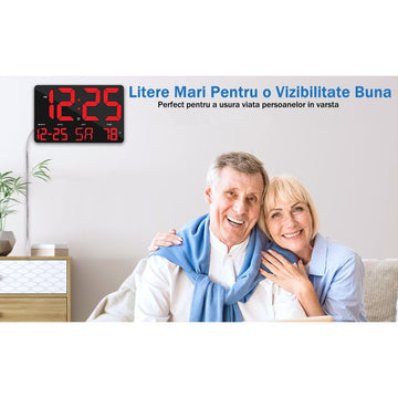 Ceas Digital de Masa si de Perete cu Lumina Led Rosu, Calendar, Temperatura, Alarma, Termometru, Functie Snooze, Luminozitate Adjustabila, 25x16cm - Frize