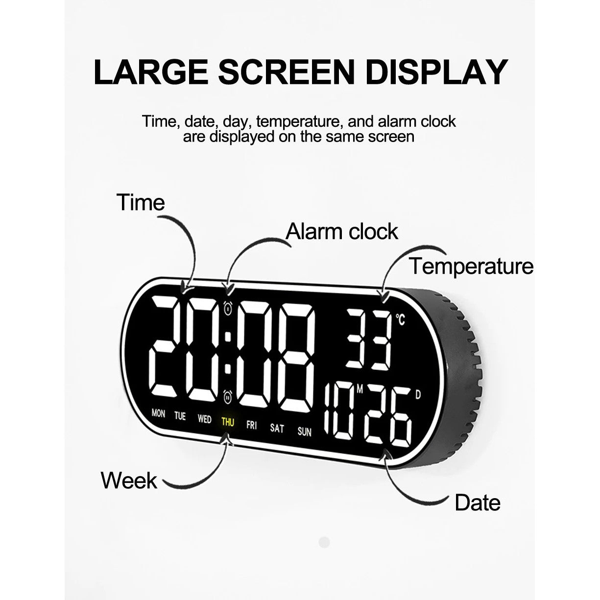 Ceas Digital de Masa si de Perete Oval cu Lumina Led Alb, Calendar, Cronometru, Temperatura, 2 Alarme, Termometru, Functie Snooze, 5 Trepte de Intensitate, Telecomanda, Afisare Umiditate, 38cm - Frize