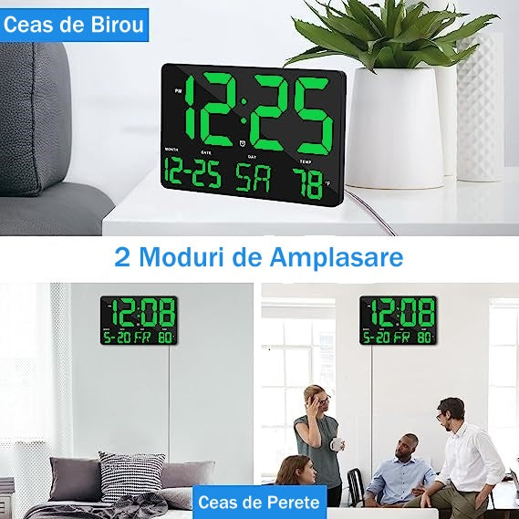 Ceas Digital de Masa si de Perete cu Lumina Led Verde, Calendar, Temperatura, Alarma, Termometru, Functie Snooze, Luminozitate Adjustabila, 25x16cm - Frize