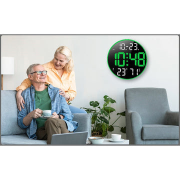 Ceas Digital de Masa si de Perete Rotund cu Lumina Led Verde, Calendar, Temperatura, 2 Alarme, Termometru, Functie Snooze, 5 Trepte de Intensitate, Telecomanda, Afisare Umiditate, 30cm - Frize