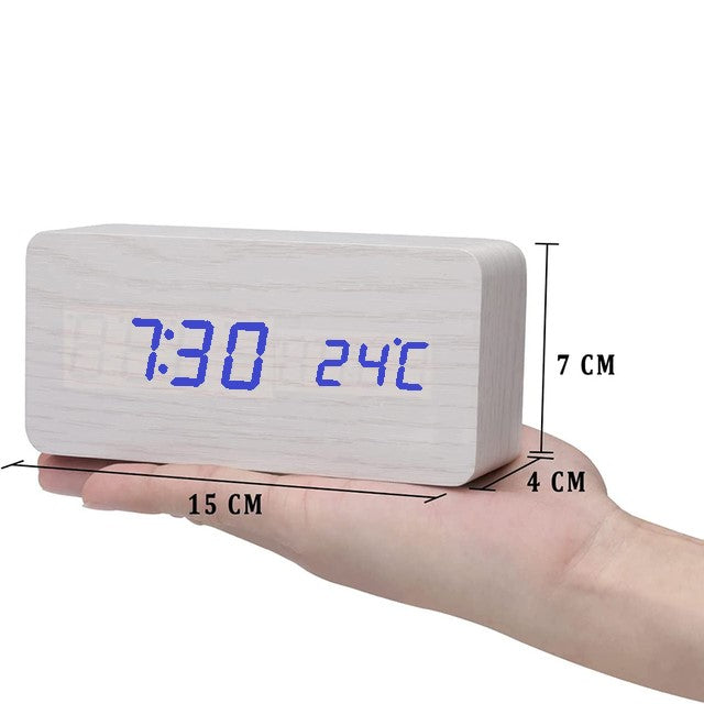 Ceas Electronic de Masa cu Led Albastru, Termometru, Alarma, Control Vocal, 3 Trepte de Lumina, 15x7x4 cm, Adaptor Inclus, Alb - Frize