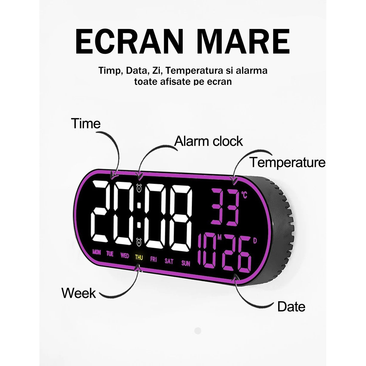 Ceas Digital de Masa si de Perete Oval cu Lumina Led Mov, Calendar, Cronometru, Temperatura, 2 Alarme, Termometru, Functie Snooze, 5 Trepte de Intensitate, Telecomanda, Afisare Umiditate, 38cm - Frize