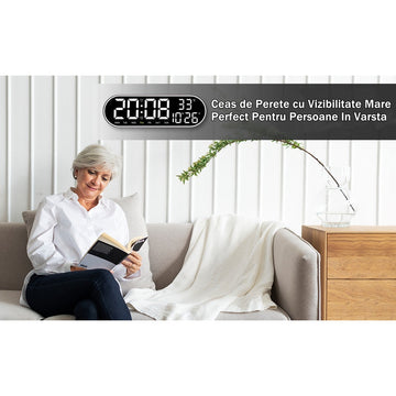 Ceas Digital de Masa si de Perete Oval cu Lumina Led Alb, Calendar, Cronometru, Temperatura, 2 Alarme, Termometru, Functie Snooze, 5 Trepte de Intensitate, Telecomanda, Afisare Umiditate, 38cm - Frize