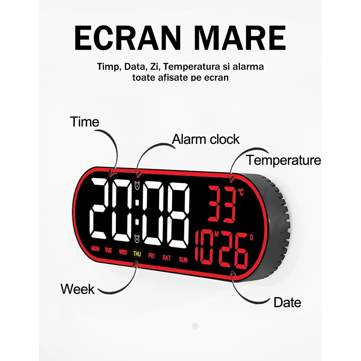 Ceas Digital de Masa si de Perete Oval cu Lumina Led Rosu, Calendar, Cronometru, Temperatura, 2 Alarme, Termometru, Functie Snooze, 5 Trepte de Intensitate, Telecomanda, Afisare Umiditate, 38cm - Frize