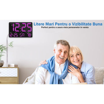 Ceas Digital de Masa si de Perete cu Lumina Led Mov, Calendar, Temperatura, Alarma, Termometru, Functie Snooze, Luminozitate Adjustabila, 25x16cm - Frize