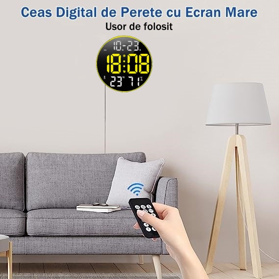 Ceas Digital de Masa si de Perete Rotund cu Lumina Led Galben, Calendar, Temperatura, 2 Alarme, Termometru, Functie Snooze, 5 Trepte de Intensitate, Telecomanda, Afisare Umiditate, 30cm - Frize
