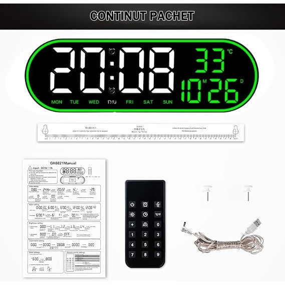 Ceas Digital de Masa si de Perete Oval cu Lumina Led Verde, Calendar, Cronometru, Temperatura, 2 Alarme, Termometru, Functie Snooze, 5 Trepte de Intensitate, Telecomanda, Afisare Umiditate, 38cm - Frize