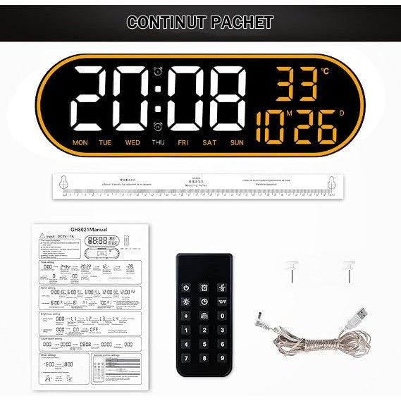 Ceas Digital de Masa si de Perete Oval cu Lumina Led Portocaliu, Calendar, Cronometru, Temperatura, 2 Alarme, Termometru, Functie Snooze, 5 Trepte de Intensitate, Telecomanda, Afisare Umiditate, 38cm - Frize