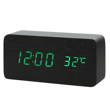 Ceas Electronic de Masa cu Led Verde, Termometru, Alarma, Control Vocal, 3 Trepte de Lumina, 15x7x4 cm, Negru - Frize