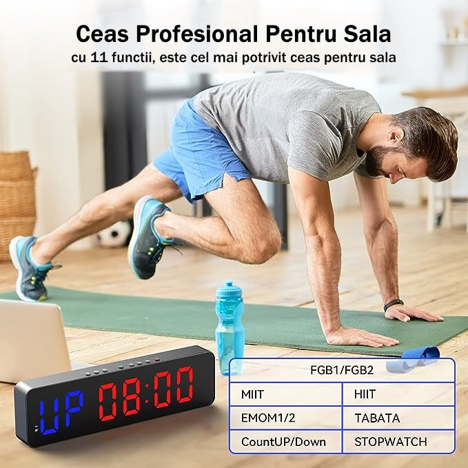 Ceas Digital de Masa sau Perete cu Led Rosu, Cronometru, Numaratoare Inversa, Afisaj Mare, Telecomanda Inclusa, Perfect Pentru Sali de Sport sau Activitati Sportive, 36x13cm, Negru - Frize