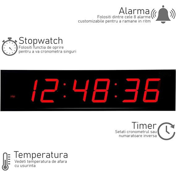 Ceas Digital Mare de Masa si de Perete cu Lumina Led Rosu, Alarma, Cronometru, Telecomanda, Temporizator, Perfect Pentru Sali de Sport 100x30x8cm - Frize