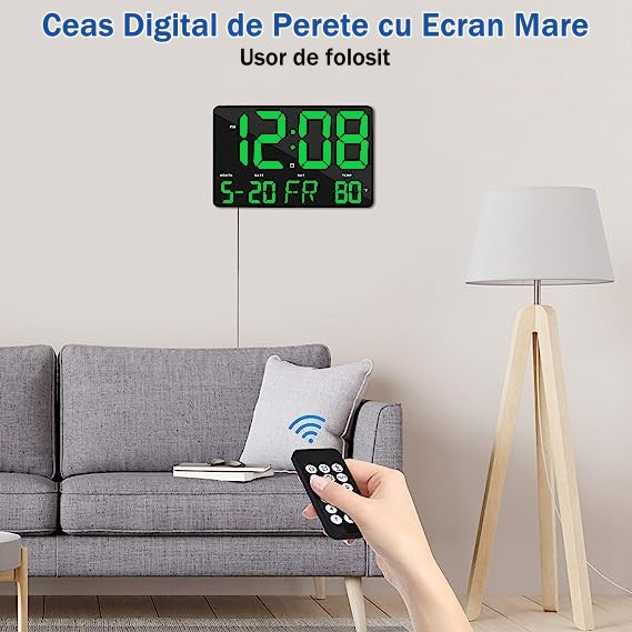 Ceas Digital de Masa si de Perete cu Lumina Led Verde, Calendar, Temperatura, Alarma, Termometru, Functie Snooze, Luminozitate Adjustabila, 25x16cm - Frize