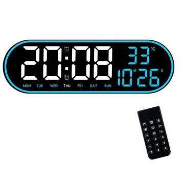 Ceas Digital de Masa si de Perete Oval cu Lumina Led Albastru, Calendar, Cronometru, Temperatura, 2 Alarme, Termometru, Functie Snooze, 5 Trepte de Intensitate, Telecomanda, Afisare Umiditate, 38cm - Frize