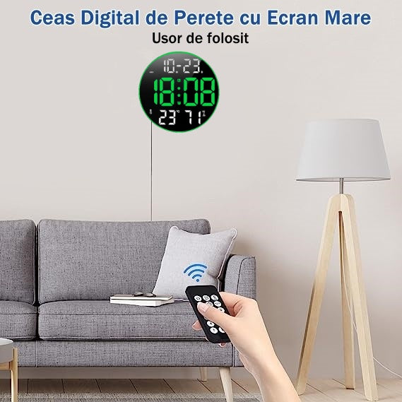Ceas Digital de Masa si de Perete Rotund cu Lumina Led Verde, Calendar, Temperatura, 2 Alarme, Termometru, Functie Snooze, 5 Trepte de Intensitate, Telecomanda, Afisare Umiditate, 30cm - Frize