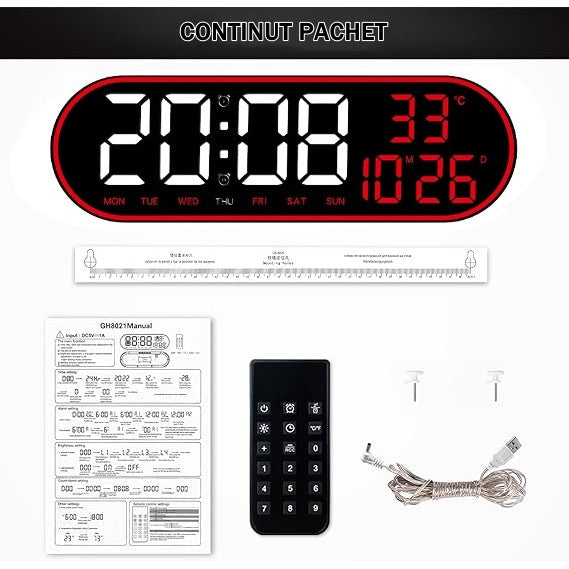 Ceas Digital de Masa si de Perete Oval cu Lumina Led Rosu, Calendar, Cronometru, Temperatura, 2 Alarme, Termometru, Functie Snooze, 5 Trepte de Intensitate, Telecomanda, Afisare Umiditate, 38cm - Frize