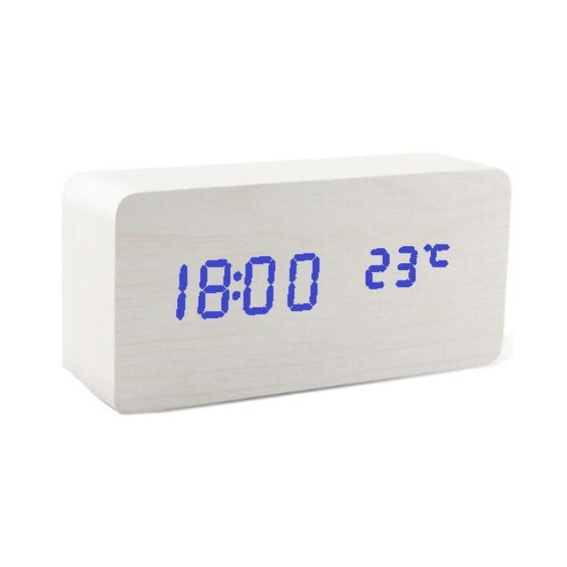 Ceas Electronic de Masa cu Led Albastru, Termometru, Alarma, Control Vocal, 3 Trepte de Lumina, 15x7x4 cm, Adaptor Inclus, Alb - Frize