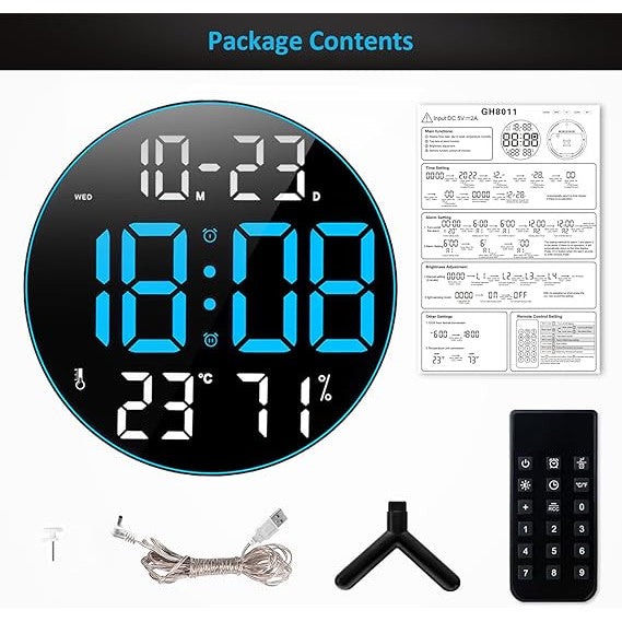 Ceas Digital de Masa si de Perete Rotund cu Lumina Led Albastru, Calendar, Temperatura, 2 Alarme, Termometru, Functie Snooze, 5 Trepte de Intensitate, Telecomanda, Afisare Umiditate, 30cm - Frize