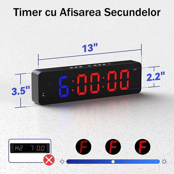 Ceas Digital de Masa sau Perete cu Led Rosu, Cronometru, Numaratoare Inversa, Afisaj Mare, Telecomanda Inclusa, Perfect Pentru Sali de Sport sau Activitati Sportive, 36x13cm, Negru - Frize