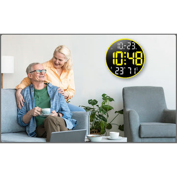 Ceas Digital de Masa si de Perete Rotund cu Lumina Led Galben, Calendar, Temperatura, 2 Alarme, Termometru, Functie Snooze, 5 Trepte de Intensitate, Telecomanda, Afisare Umiditate, 30cm - Frize