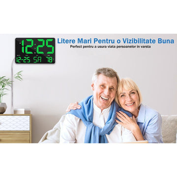 Ceas Digital de Masa si de Perete cu Lumina Led Verde, Calendar, Temperatura, Alarma, Termometru, Functie Snooze, Luminozitate Adjustabila, 25x16cm - Frize