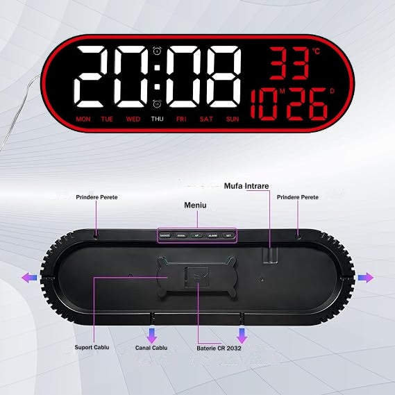 Ceas Digital de Masa si de Perete Oval cu Lumina Led Rosu, Calendar, Cronometru, Temperatura, 2 Alarme, Termometru, Functie Snooze, 5 Trepte de Intensitate, Telecomanda, Afisare Umiditate, 38cm - Frize