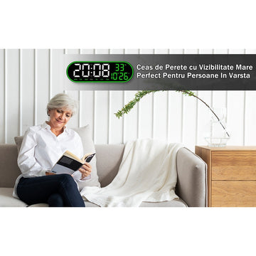 Ceas Digital de Masa si de Perete Oval cu Lumina Led Verde, Calendar, Cronometru, Temperatura, 2 Alarme, Termometru, Functie Snooze, 5 Trepte de Intensitate, Telecomanda, Afisare Umiditate, 38cm - Frize