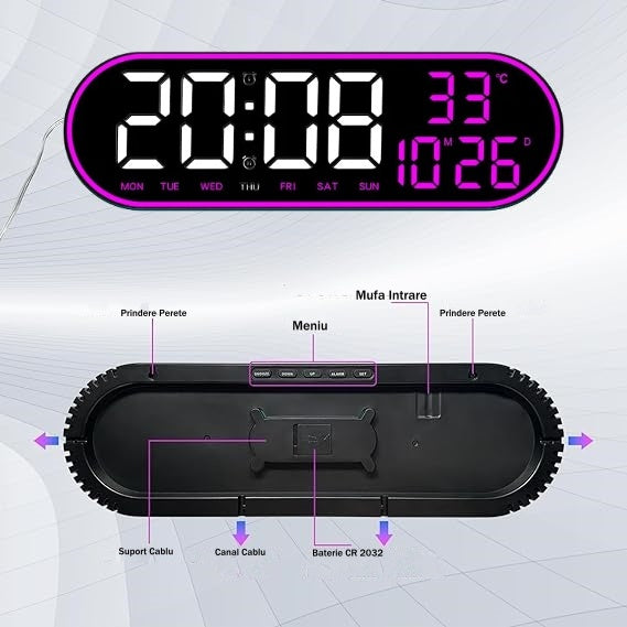 Ceas Digital de Masa si de Perete Oval cu Lumina Led Mov, Calendar, Cronometru, Temperatura, 2 Alarme, Termometru, Functie Snooze, 5 Trepte de Intensitate, Telecomanda, Afisare Umiditate, 38cm - Frize
