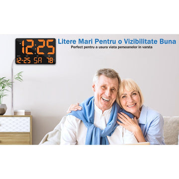 Ceas Digital de Masa si de Perete cu Lumina Led Portocaliu, Calendar, Temperatura, Alarma, Termometru, Functie Snooze, Luminozitate Adjustabila, 25x16cm - Frize