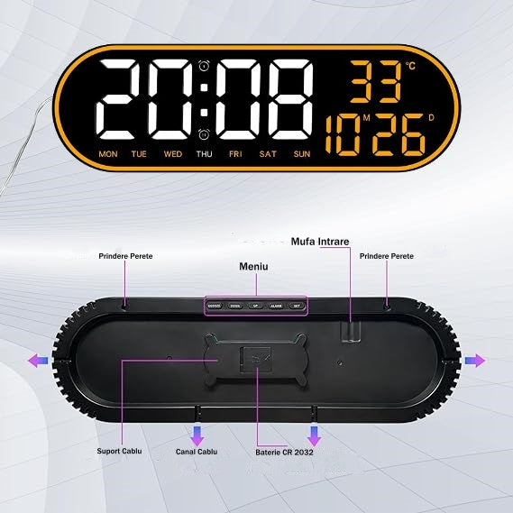 Ceas Digital de Masa si de Perete Oval cu Lumina Led Portocaliu, Calendar, Cronometru, Temperatura, 2 Alarme, Termometru, Functie Snooze, 5 Trepte de Intensitate, Telecomanda, Afisare Umiditate, 38cm - Frize