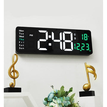 Ceas Digital cu Cronometru si Led Verde, Temperatura, Alarma, 10 Niveluri de Intensitate, Telecomanda Inclusa, Afisaj Mare, 40x13cm, Negru - Frize
