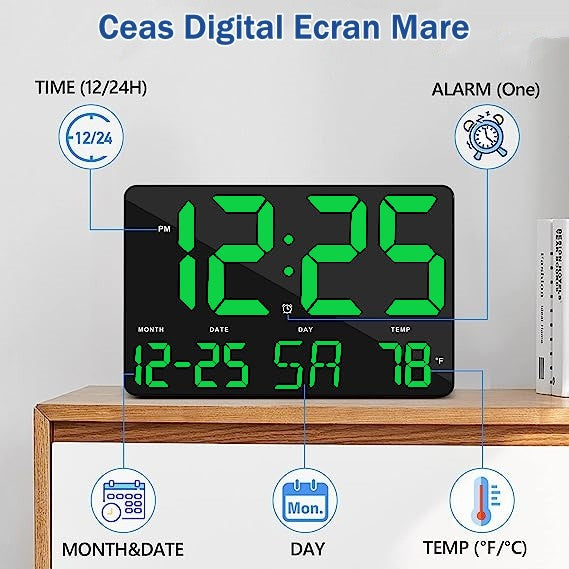 Ceas Digital de Masa si de Perete cu Lumina Led Verde, Calendar, Temperatura, Alarma, Termometru, Functie Snooze, Luminozitate Adjustabila, 25x16cm - Frize