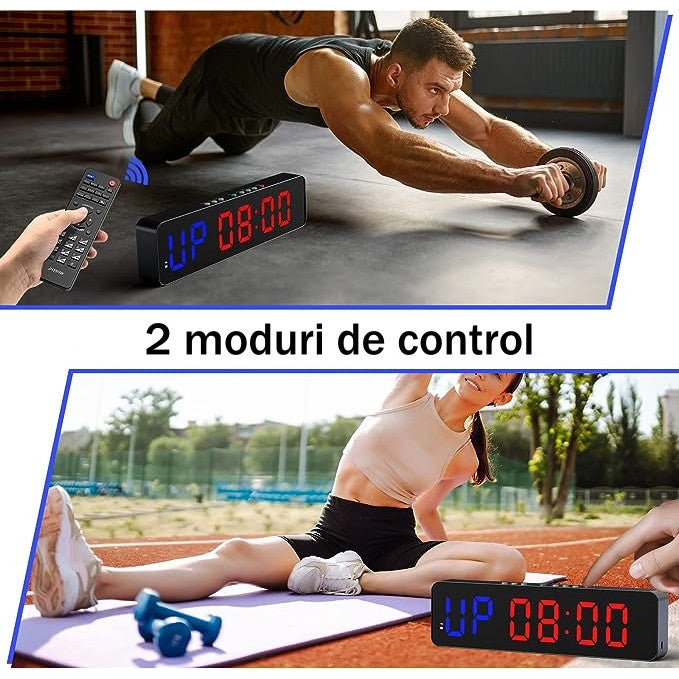 Ceas Digital de Masa sau Perete cu Led Rosu, Cronometru, Numaratoare Inversa, Afisaj Mare, Telecomanda Inclusa, Perfect Pentru Sali de Sport sau Activitati Sportive, 36x13cm, Negru - Frize