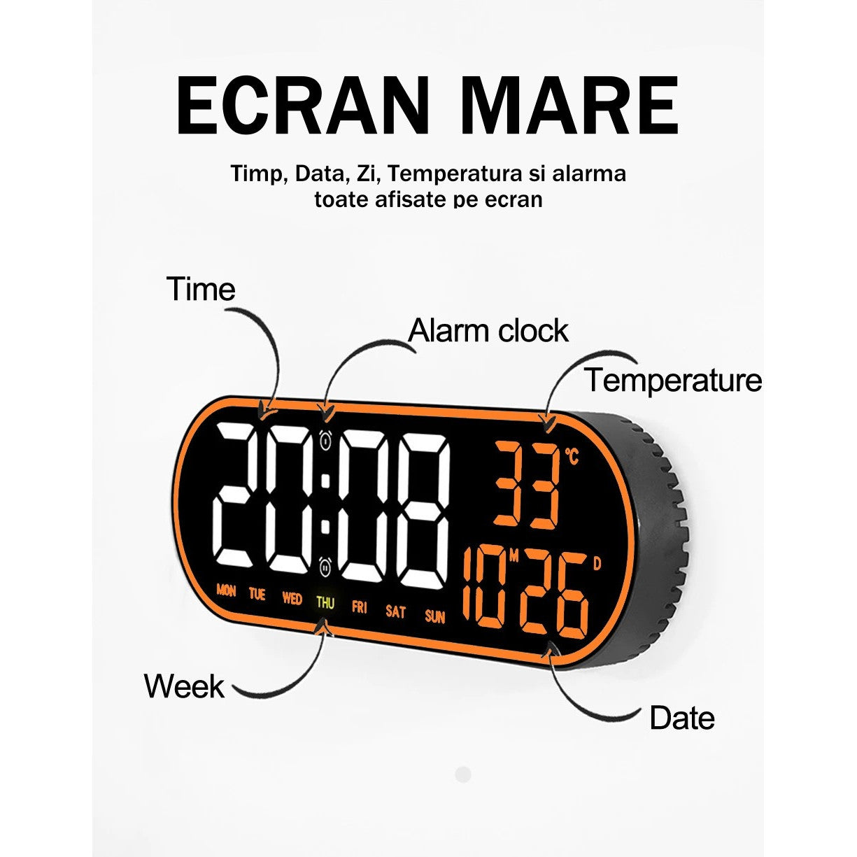 Ceas Digital de Masa si de Perete Oval cu Lumina Led Portocaliu, Calendar, Cronometru, Temperatura, 2 Alarme, Termometru, Functie Snooze, 5 Trepte de Intensitate, Telecomanda, Afisare Umiditate, 38cm - Frize