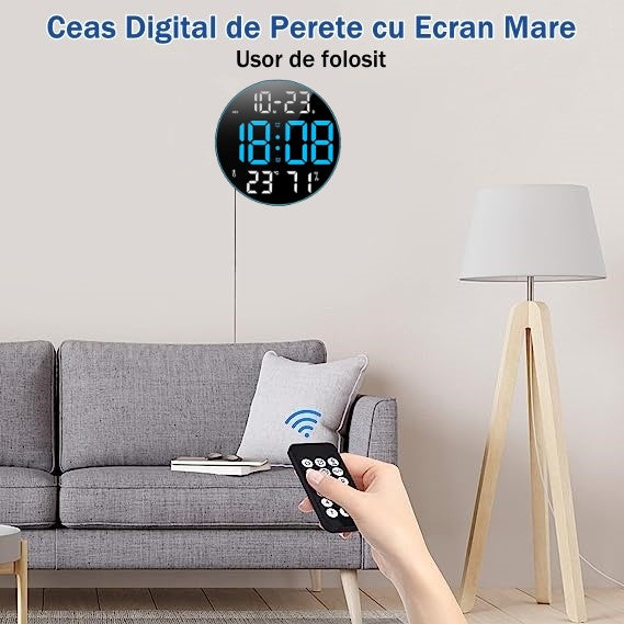 Ceas Digital de Masa si de Perete Rotund cu Lumina Led Albastru, Calendar, Temperatura, 2 Alarme, Termometru, Functie Snooze, 5 Trepte de Intensitate, Telecomanda, Afisare Umiditate, 30cm - Frize