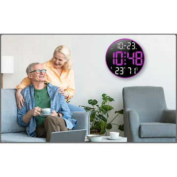 Ceas Digital de Masa si de Perete cu Lumina Led Mov, Calendar, Temperatura, 2 Alarme, Termometru, Functie Snooze, 5 Trepte de Intensitate, Telecomanda, Afisare Umiditate, 30cm - Frize