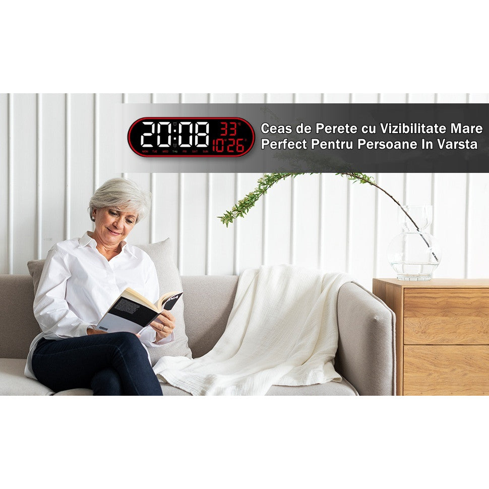Ceas Digital de Masa si de Perete Oval cu Lumina Led Rosu, Calendar, Cronometru, Temperatura, 2 Alarme, Termometru, Functie Snooze, 5 Trepte de Intensitate, Telecomanda, Afisare Umiditate, 38cm - Frize