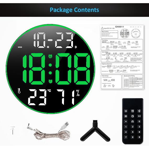 Ceas Digital de Masa si de Perete Rotund cu Lumina Led Verde, Calendar, Temperatura, 2 Alarme, Termometru, Functie Snooze, 5 Trepte de Intensitate, Telecomanda, Afisare Umiditate, 30cm - Frize