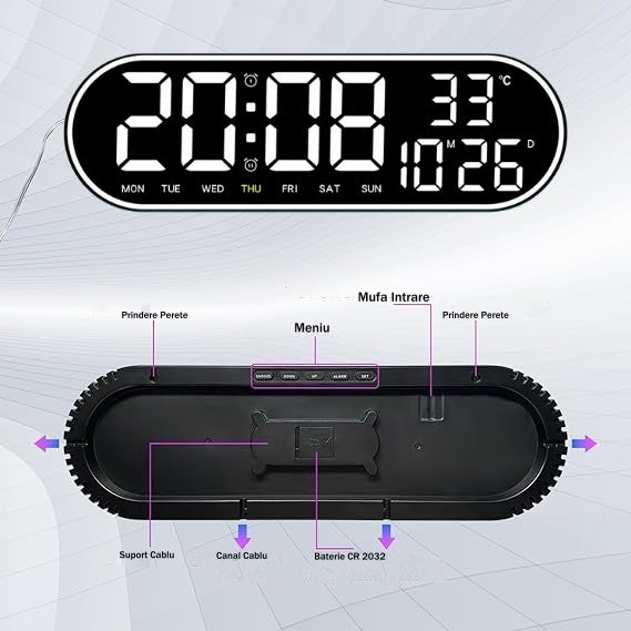 Ceas Digital de Masa si de Perete Oval cu Lumina Led Alb, Calendar, Cronometru, Temperatura, 2 Alarme, Termometru, Functie Snooze, 5 Trepte de Intensitate, Telecomanda, Afisare Umiditate, 38cm - Frize
