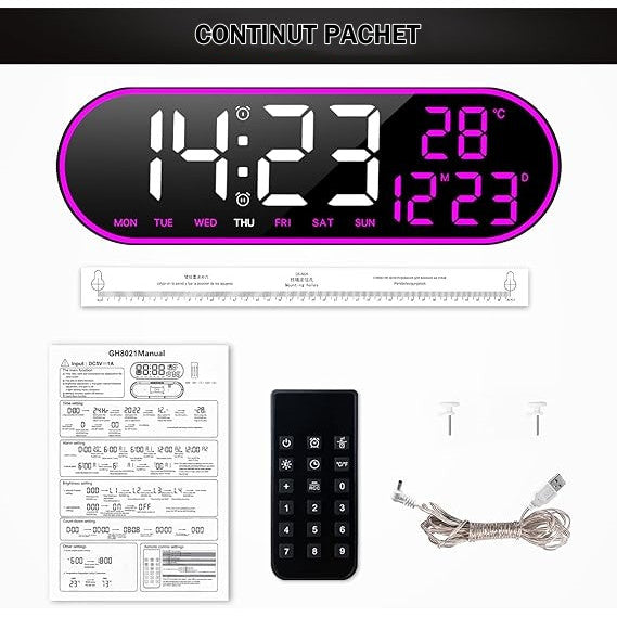 Ceas Digital de Masa si de Perete Oval cu Lumina Led Mov, Calendar, Cronometru, Temperatura, 2 Alarme, Termometru, Functie Snooze, 5 Trepte de Intensitate, Telecomanda, Afisare Umiditate, 38cm - Frize